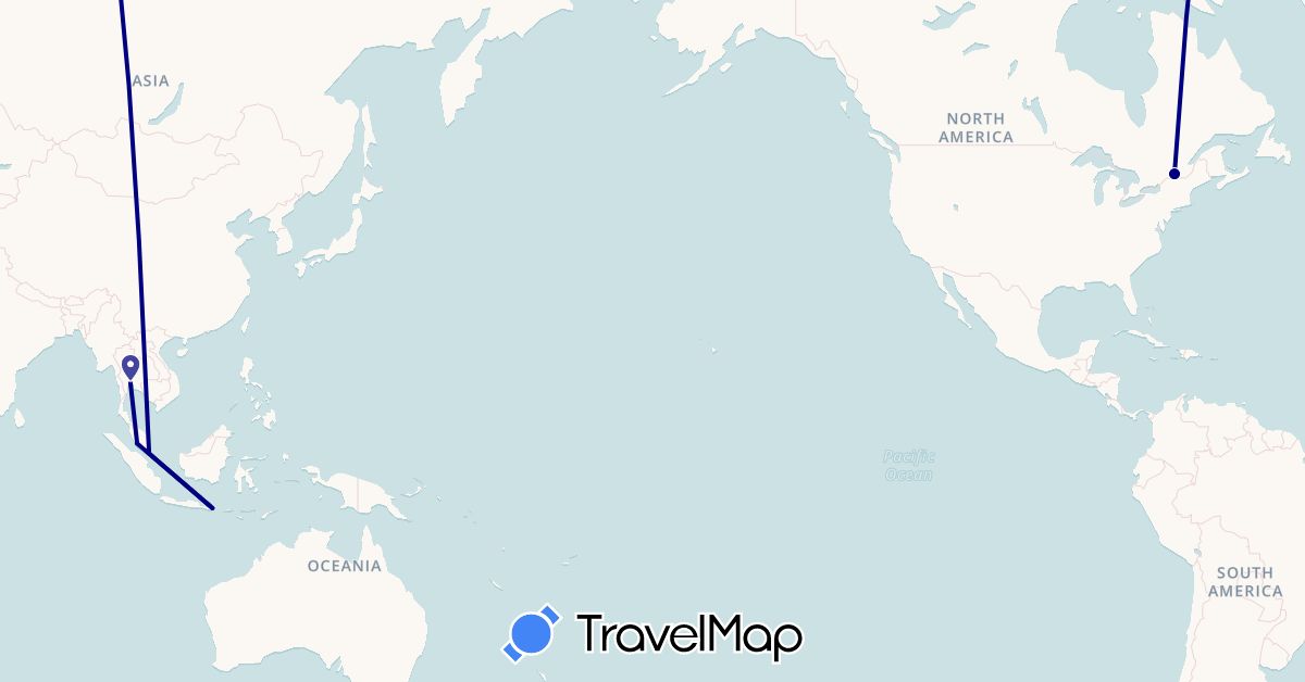 TravelMap itinerary: driving in Canada, Indonesia, Malaysia, Singapore, Thailand (Asia, North America)